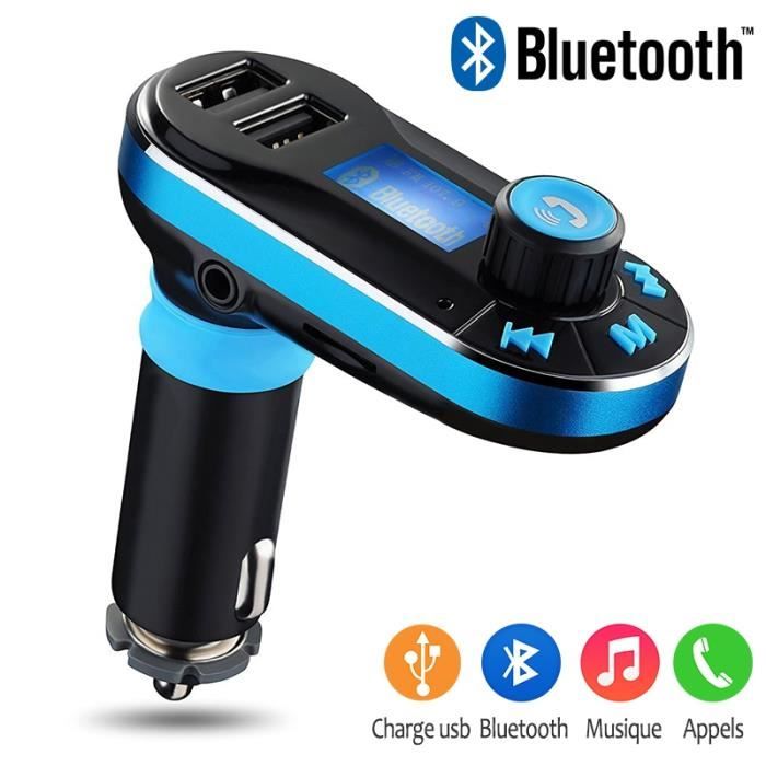 Kit Mains Libres Bluetooth Voiture Bleu, Chargeur USB pour Tous les Smartphones