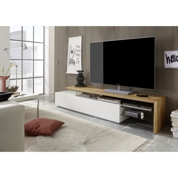 Meuble TV en blanc mat et chene massif avec 3 tiroirs - L204 x H40 x P40 cm