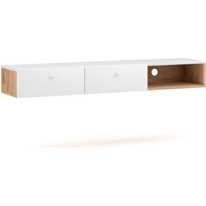 Meuble d'entrée - Console murale en bois coloris chêne artisan - blanc mat - L.140 x P.30 x H.18 cm