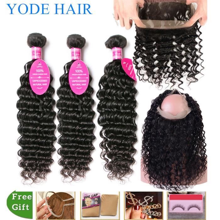 3 tissage brésiliens 100% naturels avec Frontal Closure 360 Deep Wave 12.14.16+8pouces 100g-p