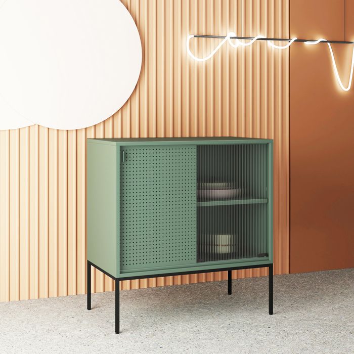 Buffet métallique Eidsvoll acier verre ondulé 85 x 80 x 45 cm vert noir
