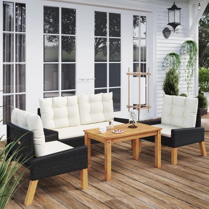 Lemon Salon bas de jardin 4 pcs - et coussins - Résine tressée et bois massif - 70x40x40 cm 319689