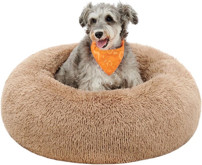 Comparer les prix de Panier pour Chien Chat, Canapé, Coussin Central Amovible et Lavable, Tissu Peluche Doux, Ø50 cm, Marron camel