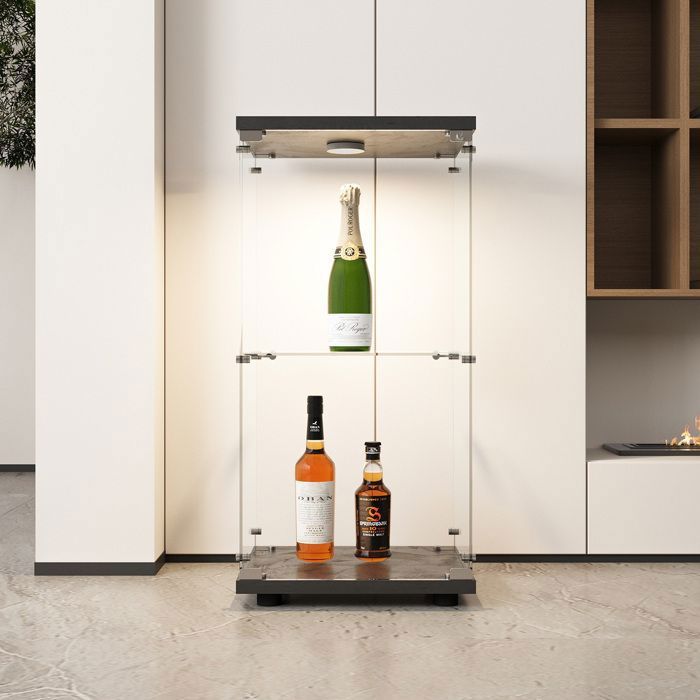 Vitrine Lumières LED Meuble de Rangement Vitrine en Verre 2 étagères avec Porte Armoire de Rangement pour Salon Bureau Noir