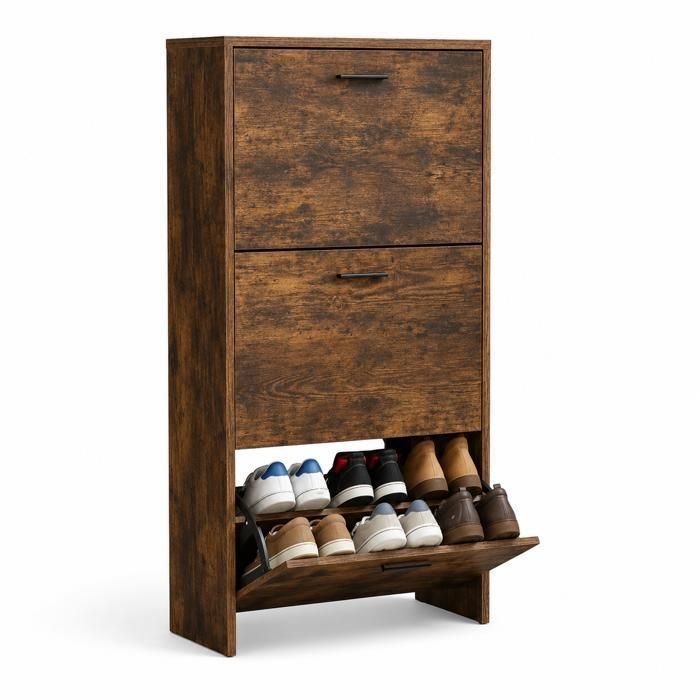 CATAVANA - Meuble de Rangement à Chaussures - 18 Paires - 3 abattants - Dimensions : L60xP24xH80 cm - Couleur Rustique