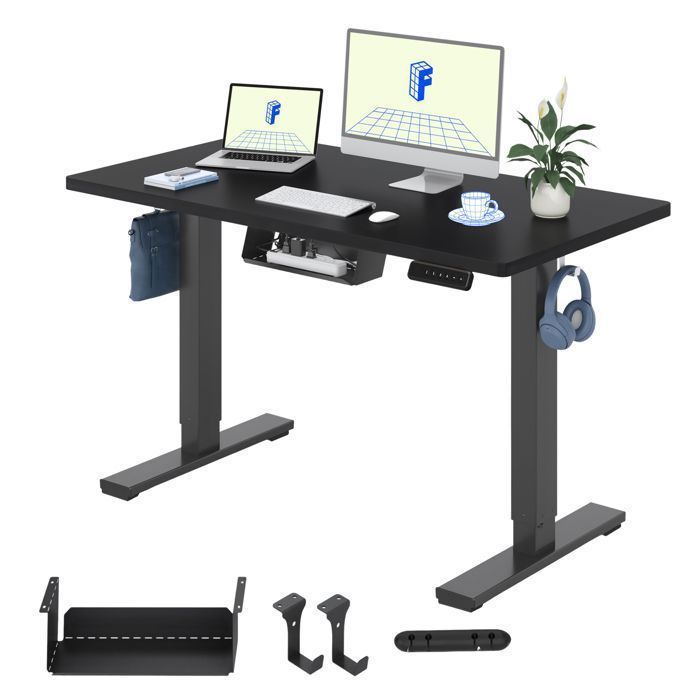FlexiSpot Bureau Assis-Debout Électrique 120x60cm Bureau Réglable en Hauteur avec Étagère et Crochet Plateau dune Pièce Noir