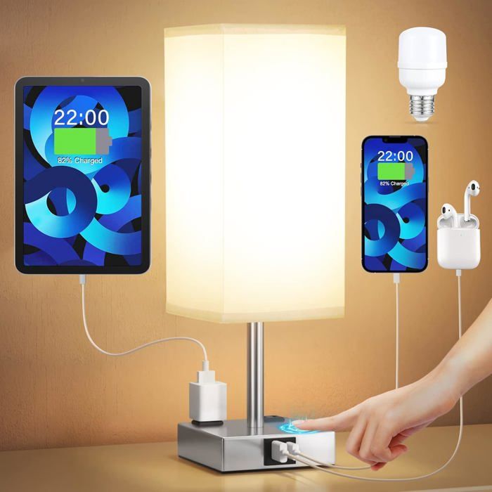 ®RisingFF 【Version améliorée】Lampe de chevet tactile avec ports de charge USB C+A et deux prises de courant CA