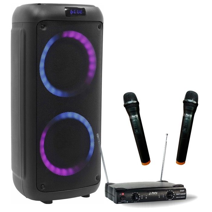 Party Light & Sound – Pack Karaoké Enfant KARAKID20 – Enceinte Bluetooth USB Avec 2 Micros Sans Fil + 3 Mini Effets Lumière LED – Soirée Anniversaire