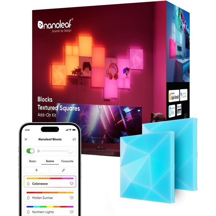 Kit dExtension - NANOLEAF - Blocks - 2 Carrés Texturés - Éclairage LED Multicolore - Design 3D