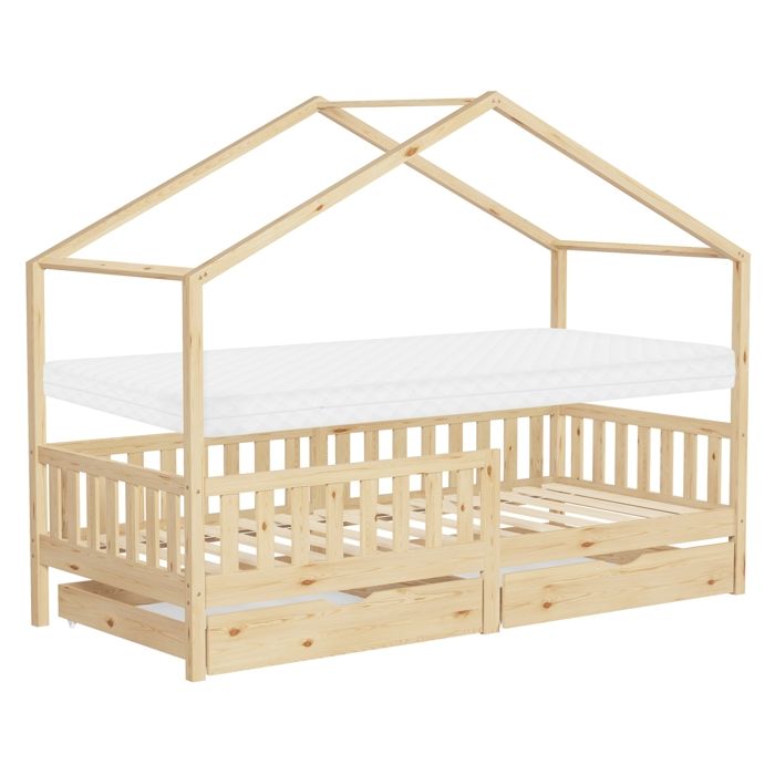 Lit cabane enfant ML-Design 90x200cm naturel avec matelas H10 tiroirs antichute toit sommier à latte