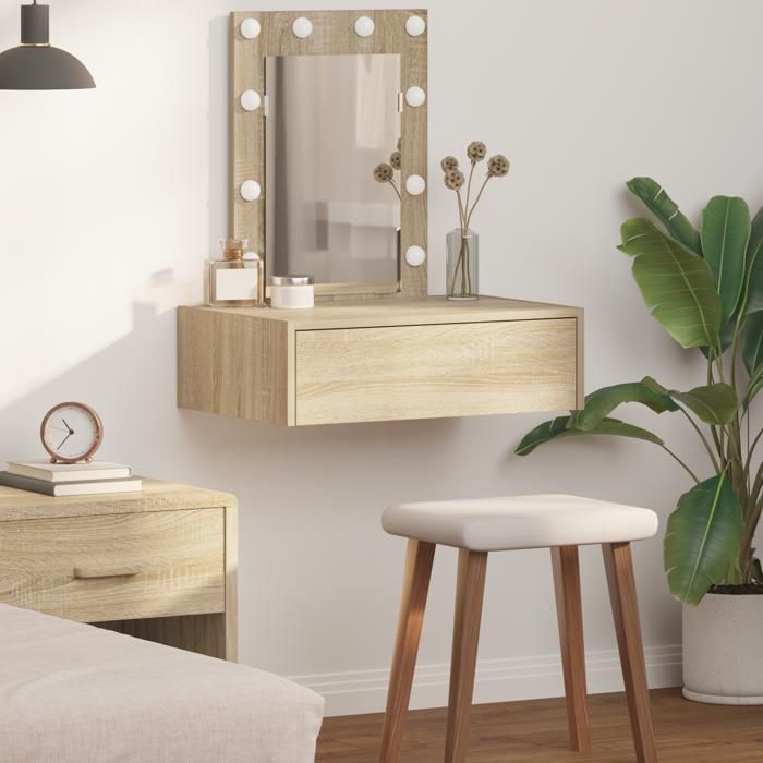 Coiffeuse murale moderne - vidaxl - LED intégrées - Chêne Sonoma - 60x40x70 cm - Tiroir de rangement - A suspendre