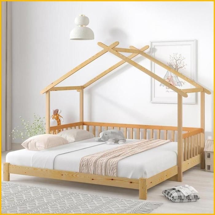 Lit cabane extensible - Lit enfant convertible simple/double - Bois massif naturel (200x90cm)