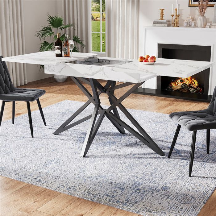 Table a Manger Extensible pour 6 à 8 Personnes Table de Cuisine Rectangulaire 120-160x80 cm Pieds Réglables et Effet Marbre Blanc