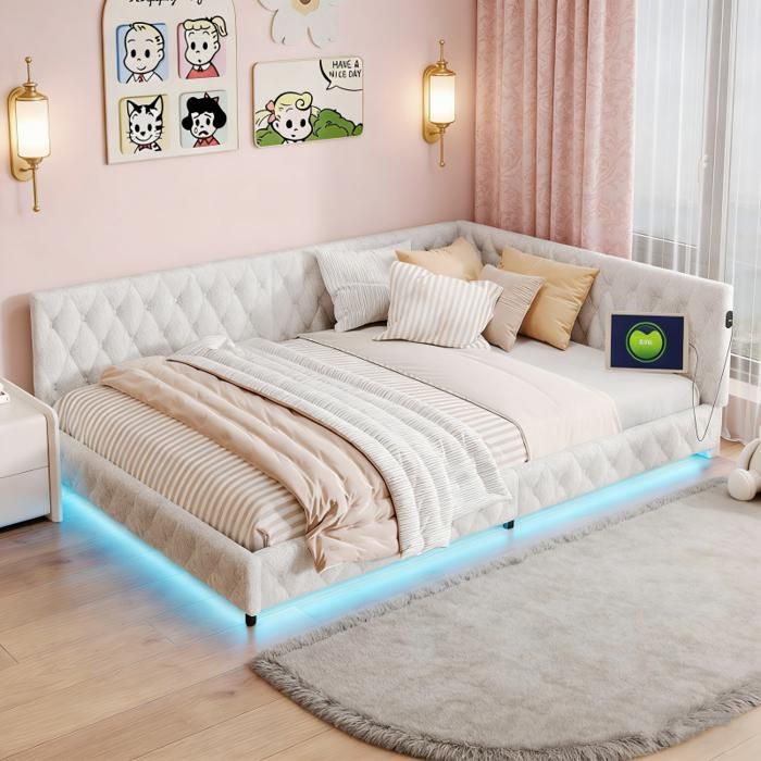 Lit gigogne 140x200 cm 2 places - Canapé‑lit blanc en tissu Teddy LED intégré et ports USB
