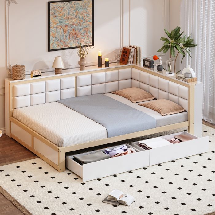 Lit banquette MODENUIT 140x200cm dossier doux et 2 tiroirs structure en bois couleur naturelle Sans matelas