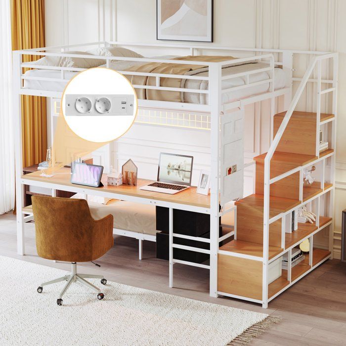 Lit Mezzanine avec Bureau et LED - Lit Superposé Métal Blanc 140x200/90x200 Prises Rangement Étagère ouverte Échelle