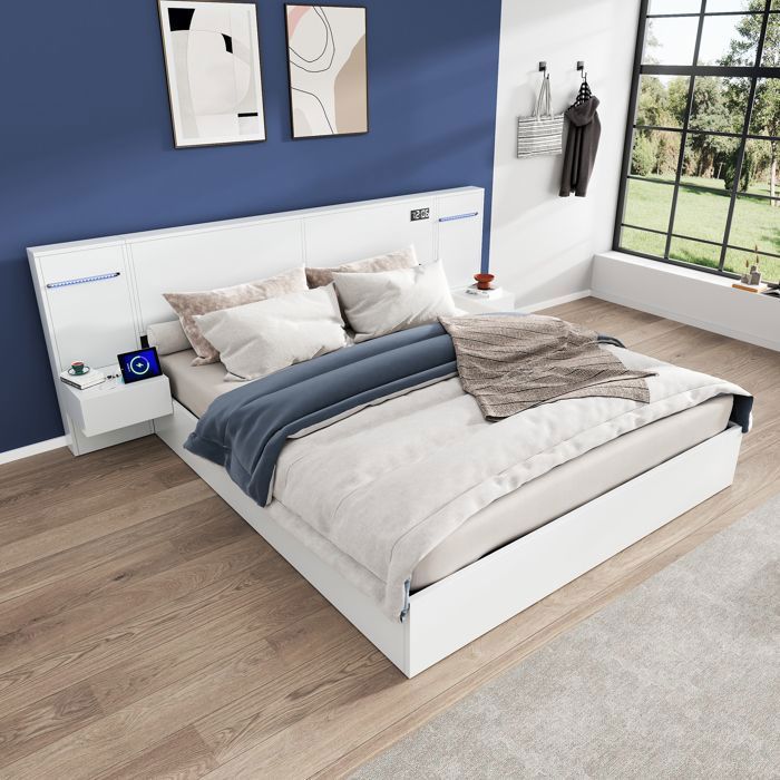 Lit double Maisentiel 160x200 MDF blanc avec haut‑parleurs Bluetooth horloge électronique et éclairage dambiance