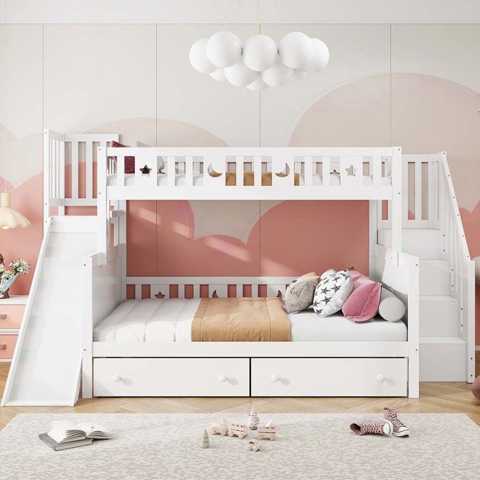Lit superposé enfant - 90x200/140x200 cm - Bois massif - Avec toboggan et escalier - 2 tiroirs & sommier à lattes