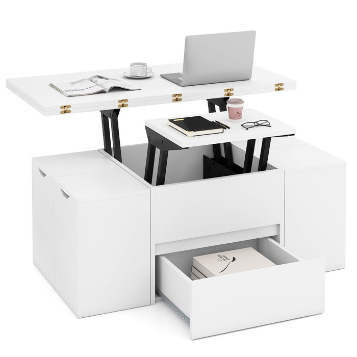 3 en 1 Table Basse avec Plateau Relevable COSTWAY 4 Tabourets de Rangement pour 4 à 8 Personnes Compartiment Caché Tiroir Blanc