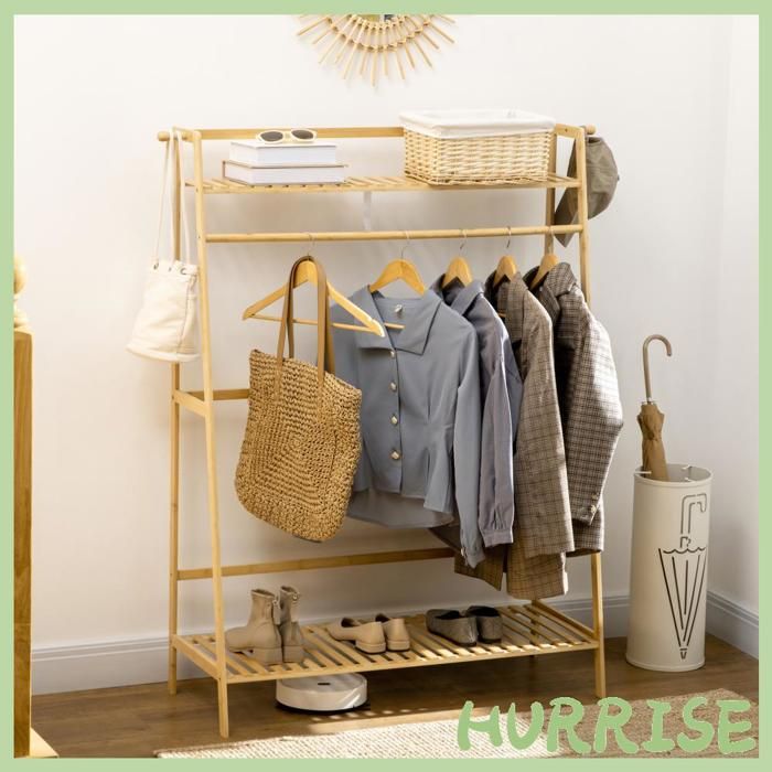 Cocosity Portant À Vêtements Penderie Porte-Manteau Avec 2 Étagères 2 Crochets Et 1 Barre De Suspension En Bambou