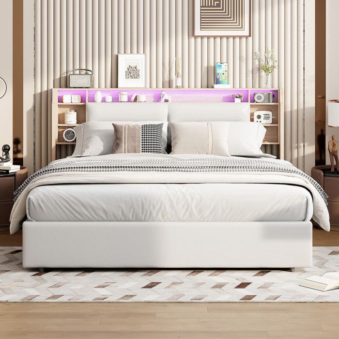 Lit Double 140x200cm Coffre hydraulique LED Tête de lit rembourrée PU Beige avec étagères et rangement caché sans matelas