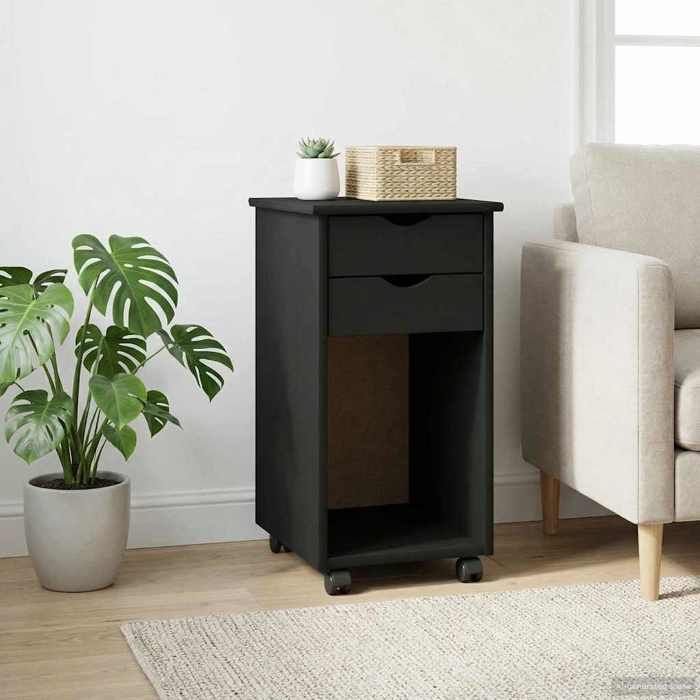 (11306)Moderne Cabinet roulant avec roue Noir 34x39x65 5 cm Pin massif poid:8.7 kg