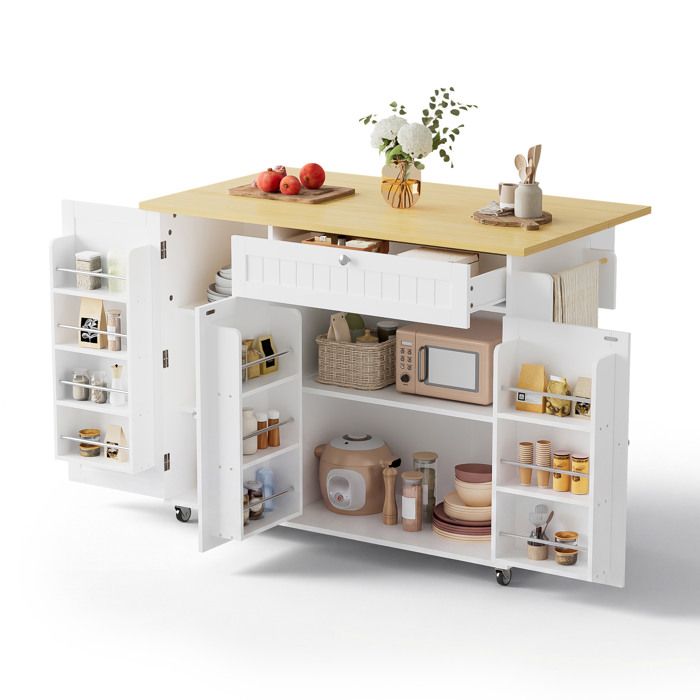 Îlot central de cuisine mobile – plateau rabattable – MDF – blanc naturel – 120 x 45(70) x 92 cm