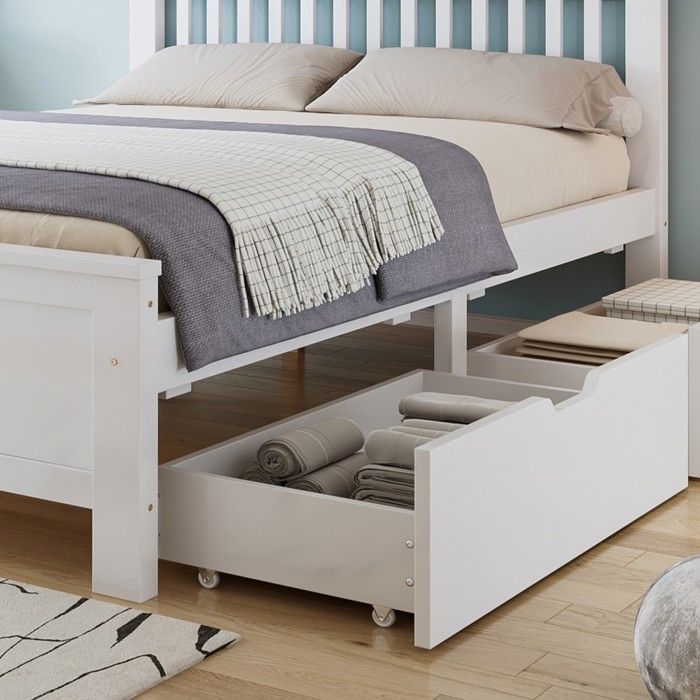 Lit bois - Zephmum - 140x200 double blanc rangement tiroirs pin blanc