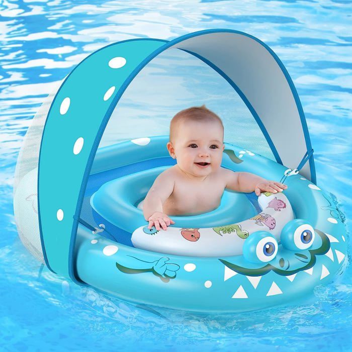 Bouée De Bain Pour Bébé Avec Auvent UPF50+ – Siège Réglable 3-36 Mois – Dinosaure, Pompe Incluse – Flotteur Piscine Stable