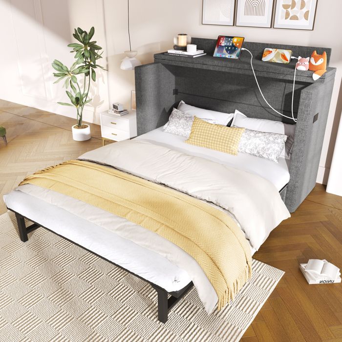 WOVREO lit escamotable 140 x 200 cm avec tiroir ports USB et Type-C tissu gris