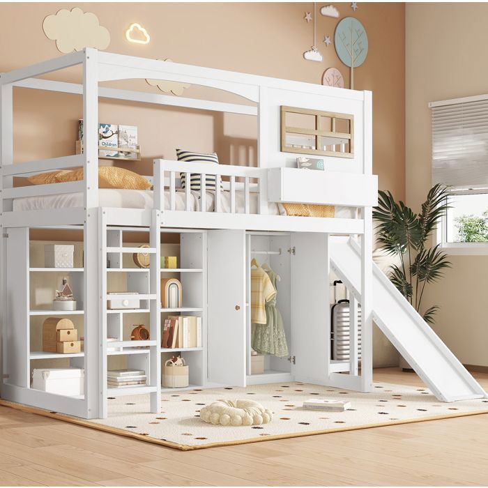 Lit Mezzanine Enfant 90x200 cm - Toboggan Armoire intégrée Étagères Échelle 4 marches Rangements - Pin MDF blanc et naturel