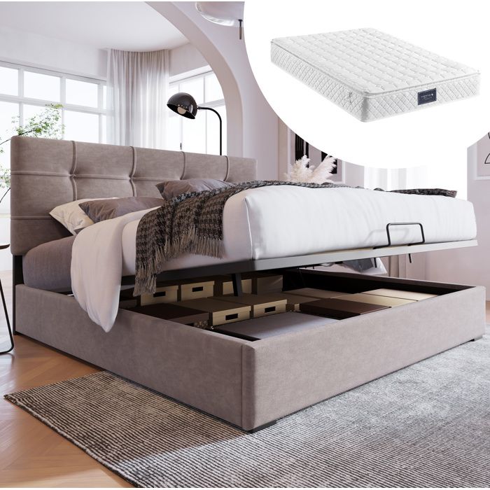MEUBLIV Lit coffre 140 x 200 cm avec matelas inclus velours gris clair tête de lit réglable