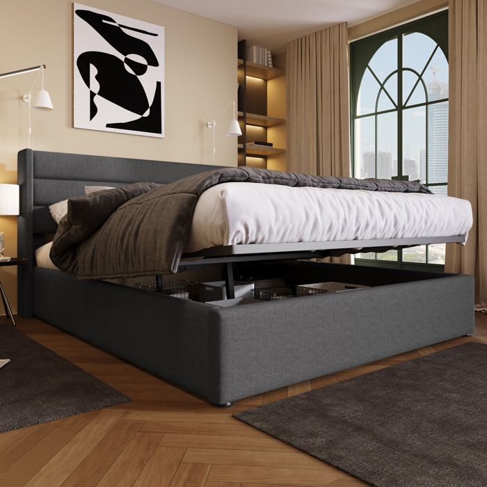 COVREO lit coffre hydraulique 140 x 200 cm avec sommier à lattes tête de lit rembourrée lin gris