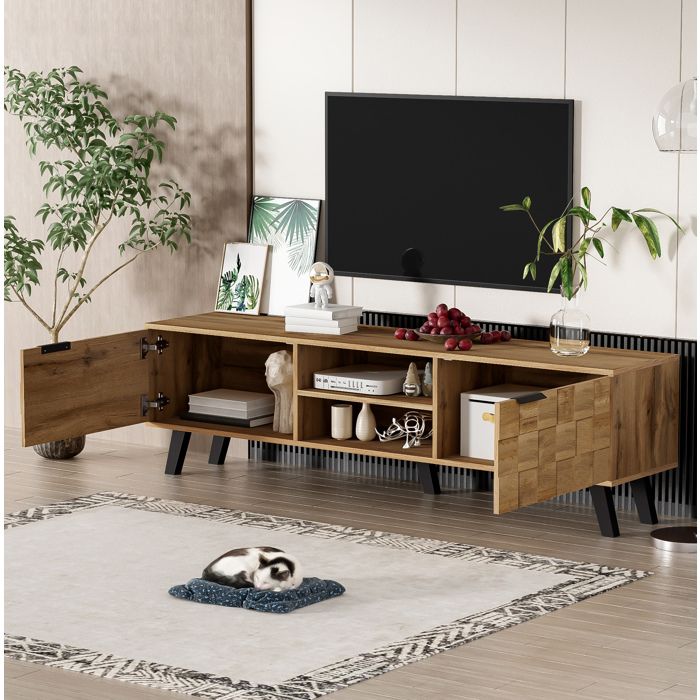 Meuble TV 160 5 cm avec 2 portes et 2 niches ouvertes décor bois charnières amorties