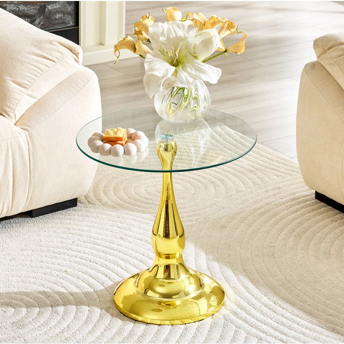MEUBLIV Table basse ronde en verre trempé base métallique dorée format compact 50 cm