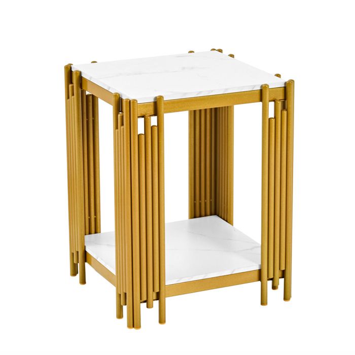 ELVORIN Table de chevet 40 x 43 x 55 cm 2 étagères effet marbre blanc structure métallique dorée MDF design moderne