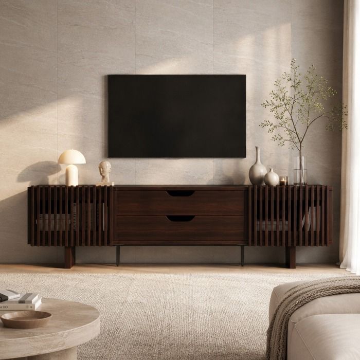 Meuble TV moderne 75 avec grand espace de rangement console multimédia 180 cm pour salon et chambre couleur noyer