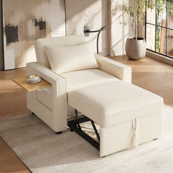 Canapé convertible 1 place - ZEVKOR - Multifonction - Tissu côtelé beige - Dossier inclinable USB-C - Tablette latérale