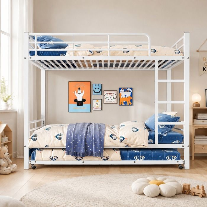 Lit Superposé Enfant 90x200cm avec Lit Gigogne 90x190cm - Métal - Garde-Corps - Design Moderne - 3 Places - Blanc