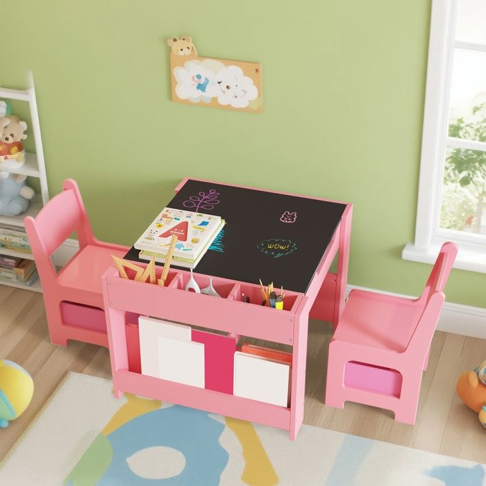 Table dActivités Enfant en Bois – Set 1 Table + 2 Chaises Tableau Amovible Étagère et Tiroirs-62 x 39 x 78 cm-Rose