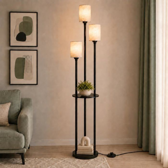 Lampadaire noir avec étagère - 3 flammes abat-jour en lin E27 168 cm interrupteur au pied pour salon