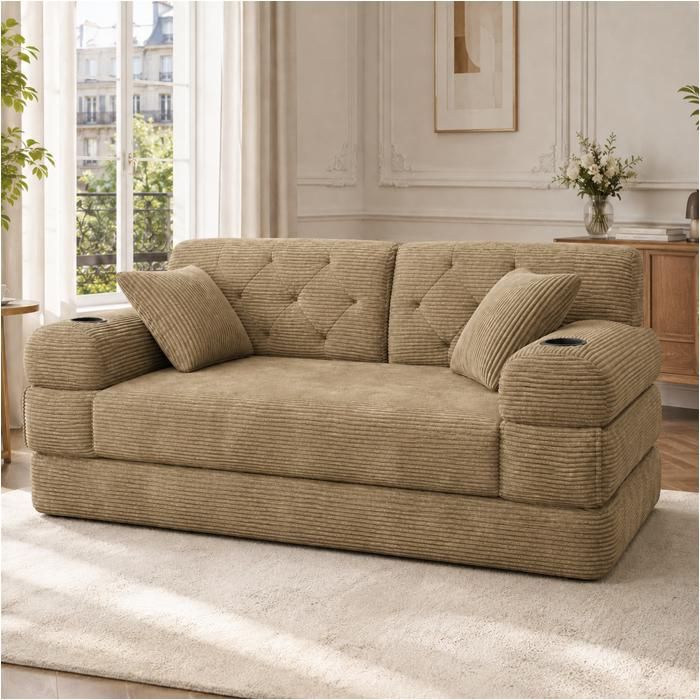 Canapé Lit Convertible 2 Places - 168x80x81cm - Banquette BZ en Velours Côtelé avec Porte-Gobelets et Poches - Kaki