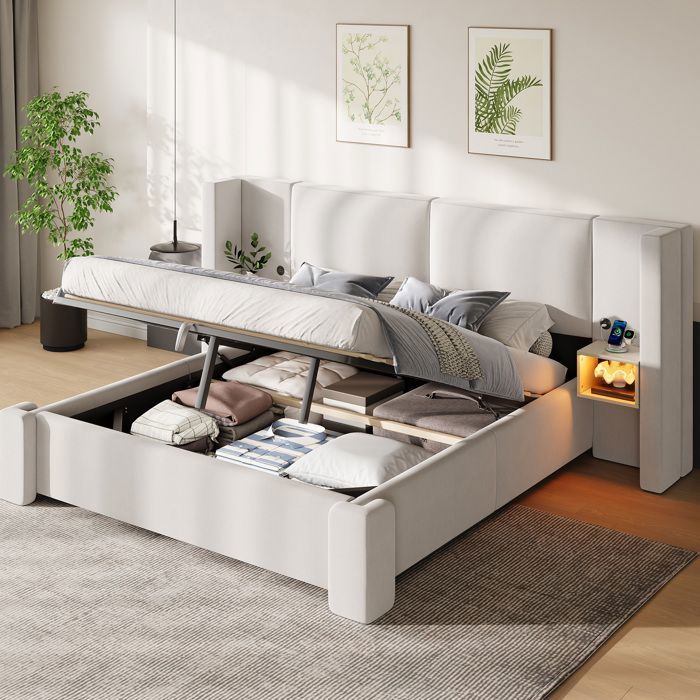 Lit coffre 140 x 200 cm beige en lin avec sommier relevable hydraulique LED et tables de chevet