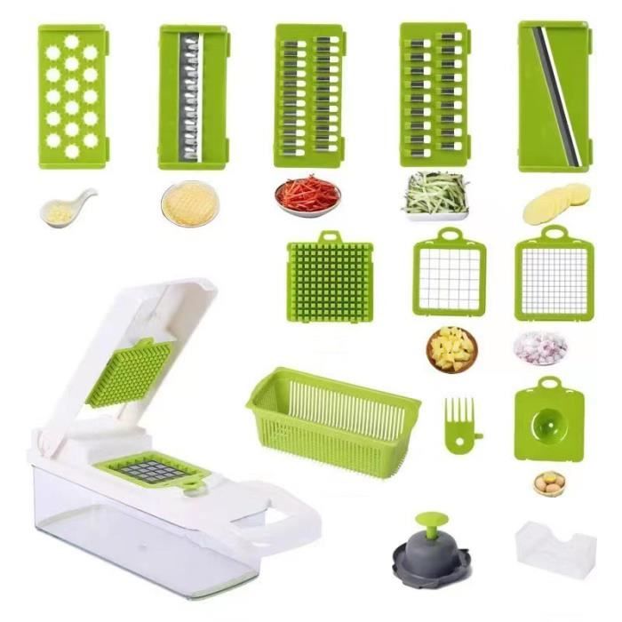Hachoir à Légumes Multifonction 14 En 1 - Avec 8 Lames, Récipient Et Accessoires - Pour Couper, Râper, émincer Rapidement