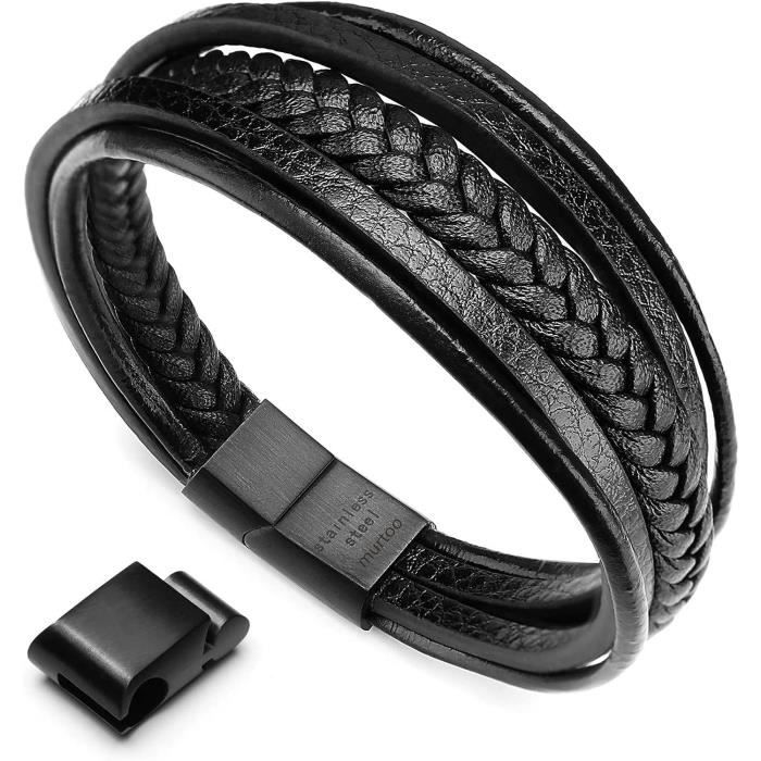 Bracelet Homme En Cuir Véritable Noir Avec Fermoir Magnétique - Taille 19/21/23 Cm, Acier Inoxydable, Cadeau Fête Des Pères - 2