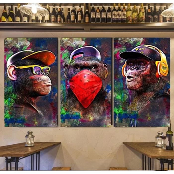 Toile Murale 3 Panneaux - Singe Avec écouteurs - Déco Style Street Art Pour Chambre, Salon, Bureau