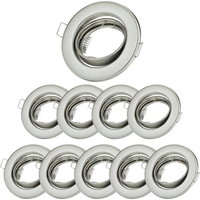 Lot De 10 Spots Encrastrables GU10 - Cadre Nickel Brossé 68mm, Orientable 30° - Pour LED & Halogènes, Installation Facile