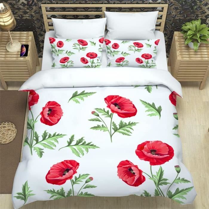 [11]Housse de couette-200x200cm Coquelicots Rouges Sets avec 2 Taies d