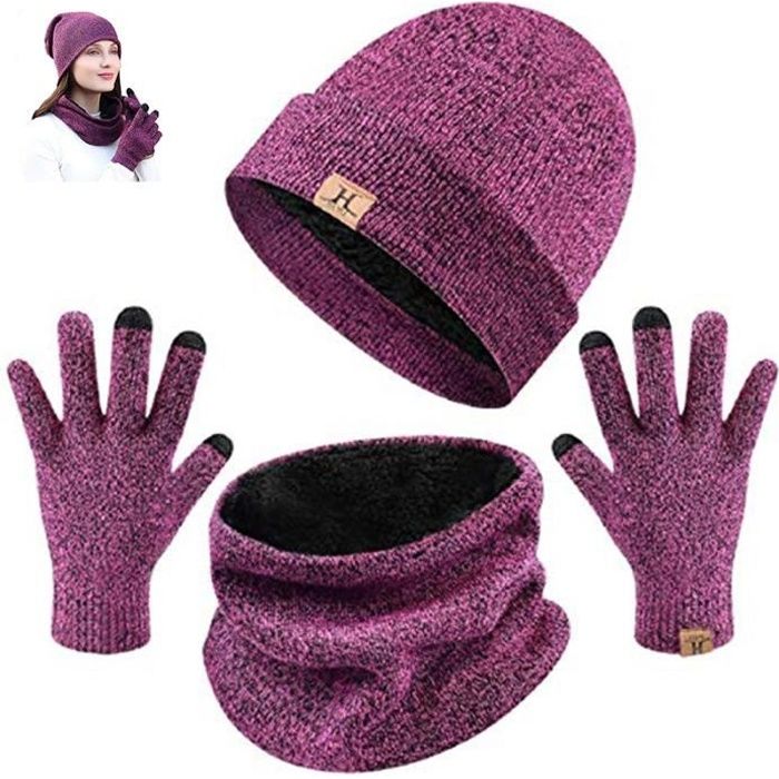 Ensemble Bonnet Écharpe Gants 3 En 1 Hiver Chaud Tricot - Homme Femme Enfant
