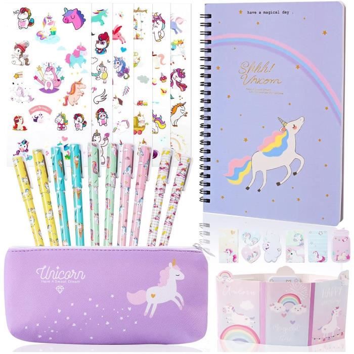 Anyfirst Kit Papeterie Licorne 37 Pièces - Trousse, Cahier, Stylos, Stickers - Cadeau Fille 7-12 Ans Violet